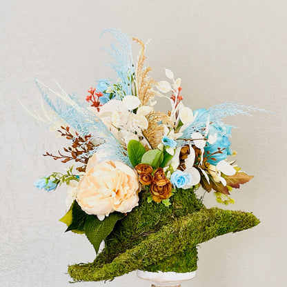 Moss Hat Candlestick Arrangement | Rustic Western Floral Centerpiece with Turquoise Peonies & Roses