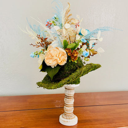 Moss Hat Candlestick Arrangement | Rustic Western Floral Centerpiece with Turquoise Peonies & Roses