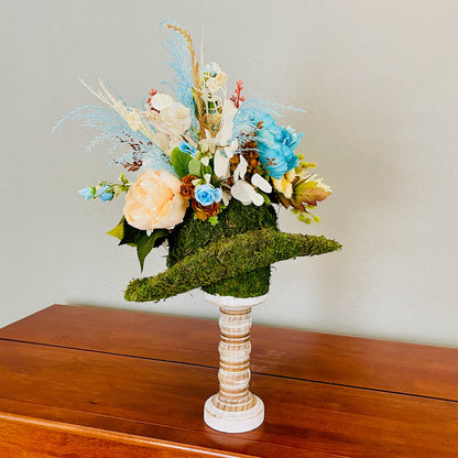 Moss Hat Candlestick Arrangement | Rustic Western Floral Centerpiece with Turquoise Peonies & Roses