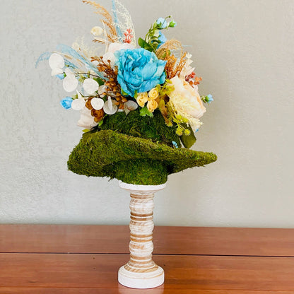 Moss Hat Candlestick Arrangement | Rustic Western Floral Centerpiece with Turquoise Peonies & Roses