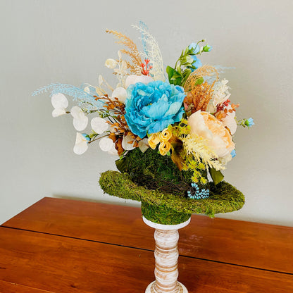 Moss Hat Candlestick Arrangement | Rustic Western Floral Centerpiece with Turquoise Peonies & Roses