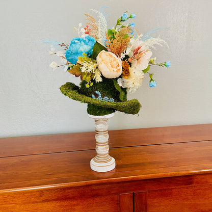 Moss Hat Candlestick Arrangement | Rustic Western Floral Centerpiece with Turquoise Peonies & Roses