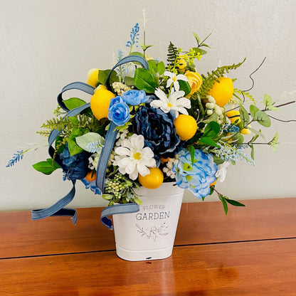 Farmhouse Lemon & Blue Floral Arrangement – Rustic Summer Centerpiece – Kitchen Table Décor