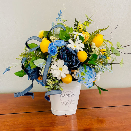 Farmhouse Lemon & Blue Floral Arrangement – Rustic Summer Centerpiece – Kitchen Table Décor