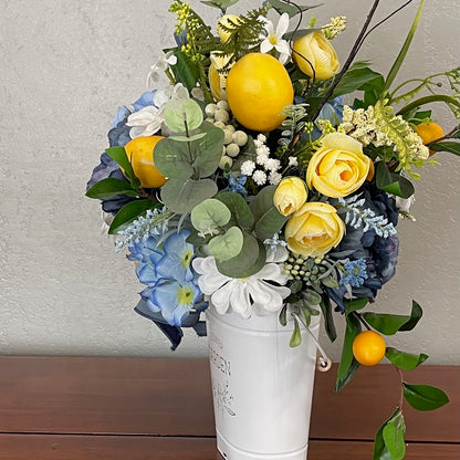 Farmhouse Lemon & Blue Floral Arrangement – Rustic Summer Centerpiece – Kitchen Table Décor