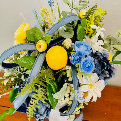 Farmhouse Lemon & Blue Floral Arrangement – Rustic Summer Centerpiece – Kitchen Table Décor