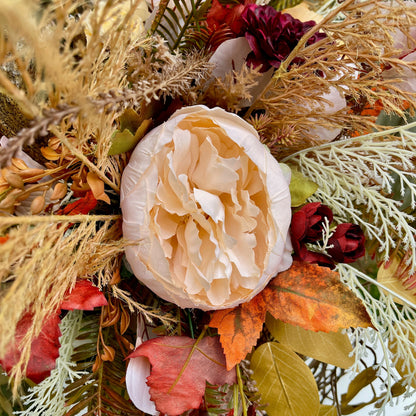 Burgundy & Gold Velvet Pumpkin Arrangement – Elegant Fall Floral Centerpiece for Thanksgiving & Autumn Decor