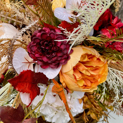 Burgundy & Gold Velvet Pumpkin Arrangement – Elegant Fall Floral Centerpiece for Thanksgiving & Autumn Decor