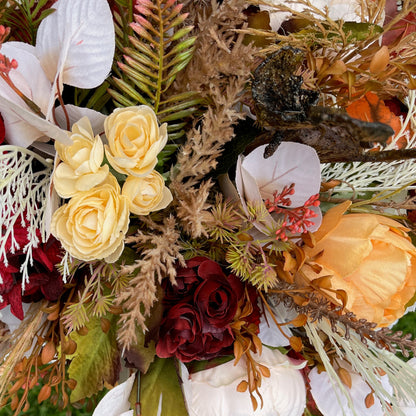 Burgundy & Gold Velvet Pumpkin Arrangement – Elegant Fall Floral Centerpiece for Thanksgiving & Autumn Decor