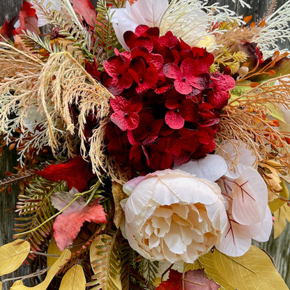 Burgundy & Gold Velvet Pumpkin Arrangement – Elegant Fall Floral Centerpiece for Thanksgiving & Autumn Decor