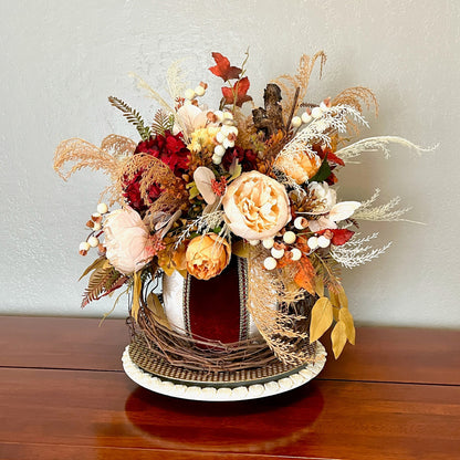 Burgundy & Gold Velvet Pumpkin Arrangement – Elegant Fall Floral Centerpiece for Thanksgiving & Autumn Decor