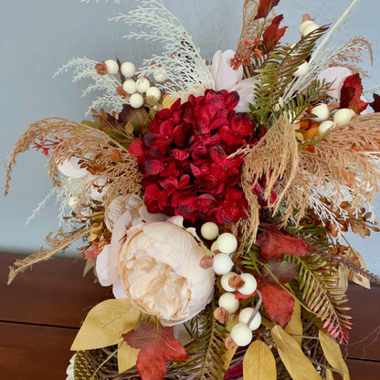 Burgundy & Gold Velvet Pumpkin Arrangement – Elegant Fall Floral Centerpiece for Thanksgiving & Autumn Decor