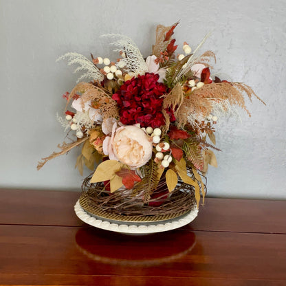 Burgundy & Gold Velvet Pumpkin Arrangement – Elegant Fall Floral Centerpiece for Thanksgiving & Autumn Decor