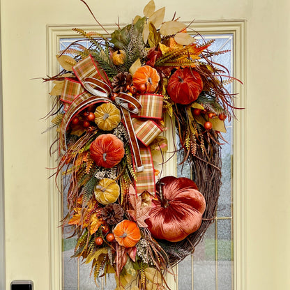 Handmade Fall Grapevine Wreath with Velvet Pumpkins and Autumn Plaid Bow – Rustic Farmhouse Door Decor
