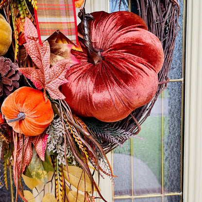 Handmade Fall Grapevine Wreath with Velvet Pumpkins and Autumn Plaid Bow – Rustic Farmhouse Door Decor