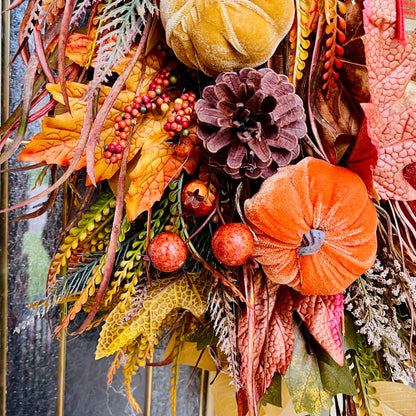 Handmade Fall Grapevine Wreath with Velvet Pumpkins and Autumn Plaid Bow – Rustic Farmhouse Door Decor