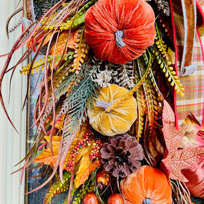Handmade Fall Grapevine Wreath with Velvet Pumpkins and Autumn Plaid Bow – Rustic Farmhouse Door Decor