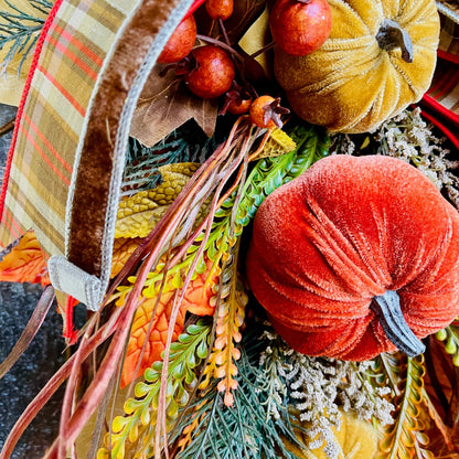 Handmade Fall Grapevine Wreath with Velvet Pumpkins and Autumn Plaid Bow – Rustic Farmhouse Door Decor