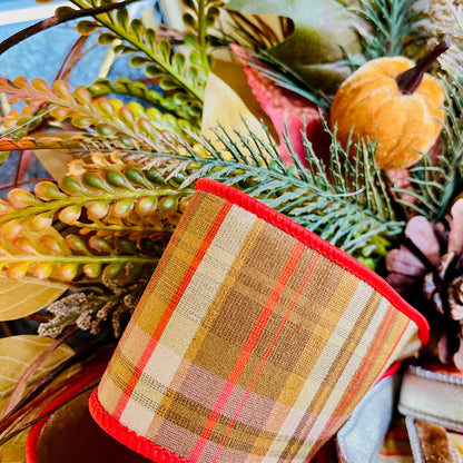 Handmade Fall Grapevine Wreath with Velvet Pumpkins and Autumn Plaid Bow – Rustic Farmhouse Door Decor