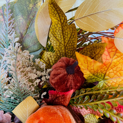 Handmade Fall Grapevine Wreath with Velvet Pumpkins and Autumn Plaid Bow – Rustic Farmhouse Door Decor