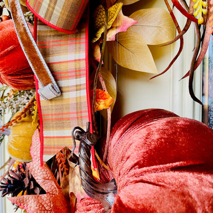 Handmade Fall Grapevine Wreath with Velvet Pumpkins and Autumn Plaid Bow – Rustic Farmhouse Door Decor