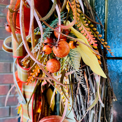 Handmade Fall Grapevine Wreath with Velvet Pumpkins and Autumn Plaid Bow – Rustic Farmhouse Door Decor