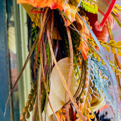 Handmade Fall Grapevine Wreath with Velvet Pumpkins and Autumn Plaid Bow – Rustic Farmhouse Door Decor