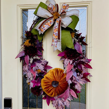 Velvet Pumpkin Fall Wreath with Plum & Burgundy Leaves | Farmhouse Thanksgiving Front Door Decor