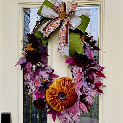 Velvet Pumpkin Fall Wreath with Plum & Burgundy Leaves | Farmhouse Thanksgiving Front Door Decor