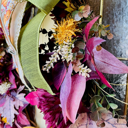 Velvet Pumpkin Fall Wreath with Plum & Burgundy Leaves | Farmhouse Thanksgiving Front Door Decor
