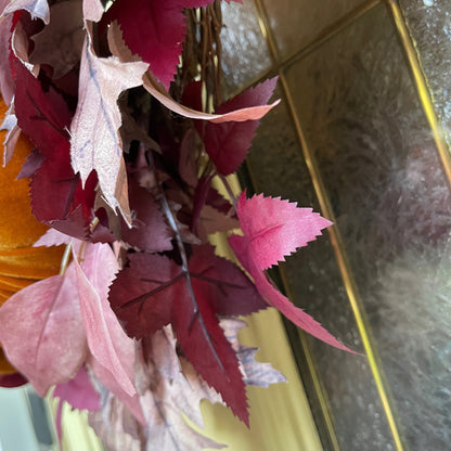 Velvet Pumpkin Fall Wreath with Plum & Burgundy Leaves | Farmhouse Thanksgiving Front Door Decor