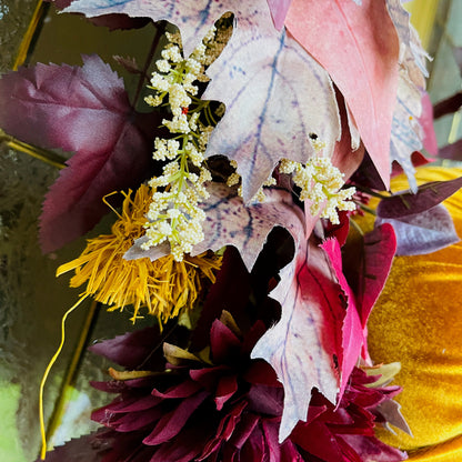 Velvet Pumpkin Fall Wreath with Plum & Burgundy Leaves | Farmhouse Thanksgiving Front Door Decor