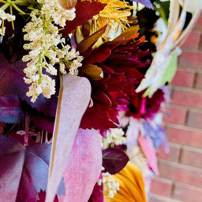 Velvet Pumpkin Fall Wreath with Plum & Burgundy Leaves | Farmhouse Thanksgiving Front Door Decor