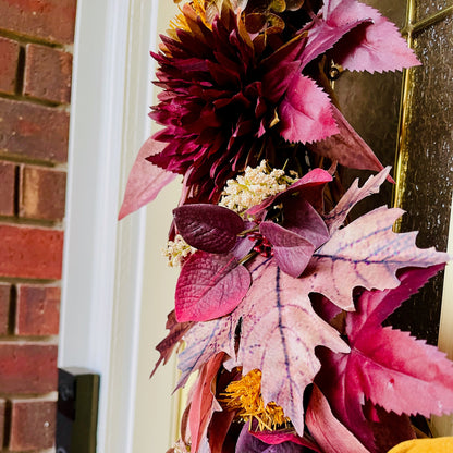 Velvet Pumpkin Fall Wreath with Plum & Burgundy Leaves | Farmhouse Thanksgiving Front Door Decor