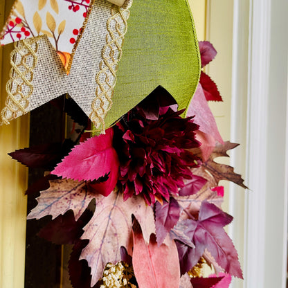 Velvet Pumpkin Fall Wreath with Plum & Burgundy Leaves | Farmhouse Thanksgiving Front Door Decor