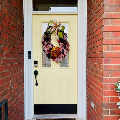 Velvet Pumpkin Fall Wreath with Plum & Burgundy Leaves | Farmhouse Thanksgiving Front Door Decor