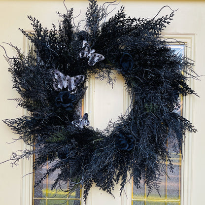 Black Gothic Halloween Wreath with Roses & Butterflies | Spooky Haunted House Front Door Decor