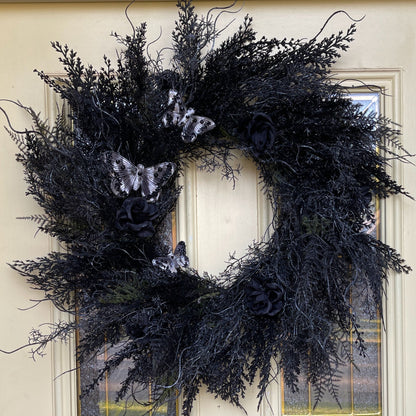 Black Gothic Halloween Wreath with Roses & Butterflies | Spooky Haunted House Front Door Decor