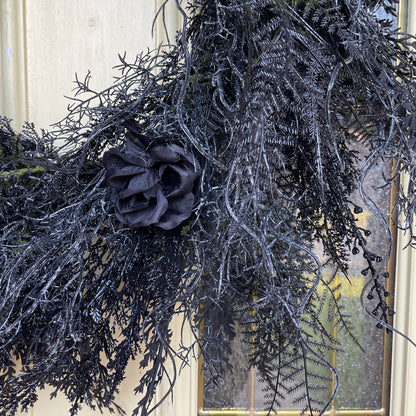Black Gothic Halloween Wreath with Roses & Butterflies | Spooky Haunted House Front Door Decor