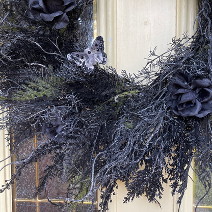 Black Gothic Halloween Wreath with Roses & Butterflies | Spooky Haunted House Front Door Decor