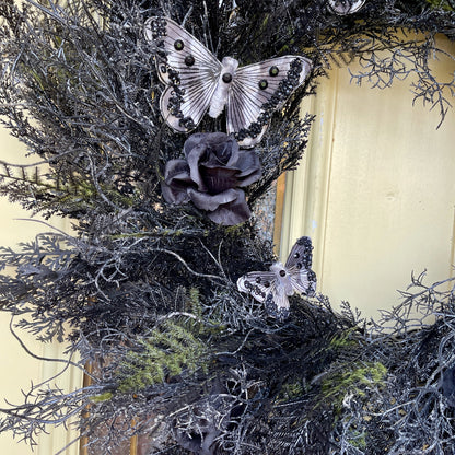 Black Gothic Halloween Wreath with Roses & Butterflies | Spooky Haunted House Front Door Decor
