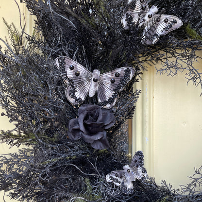 Black Gothic Halloween Wreath with Roses & Butterflies | Spooky Haunted House Front Door Decor