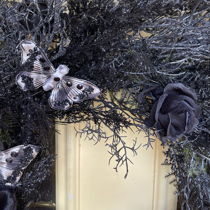 Black Gothic Halloween Wreath with Roses & Butterflies | Spooky Haunted House Front Door Decor