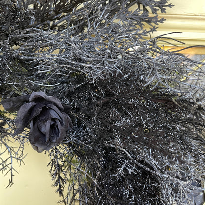 Black Gothic Halloween Wreath with Roses & Butterflies | Spooky Haunted House Front Door Decor