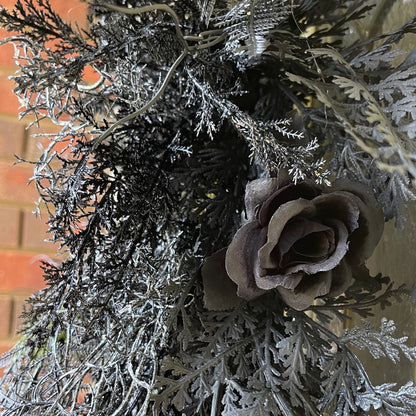 Black Gothic Halloween Wreath with Roses & Butterflies | Spooky Haunted House Front Door Decor