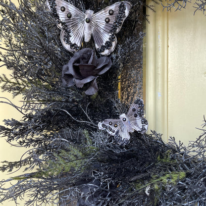 Black Gothic Halloween Wreath with Roses & Butterflies | Spooky Haunted House Front Door Decor