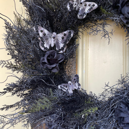Black Gothic Halloween Wreath with Roses & Butterflies | Spooky Haunted House Front Door Decor