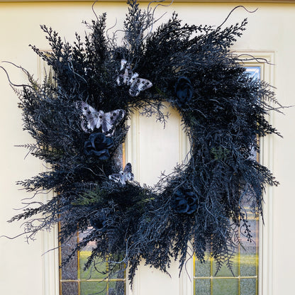 Black Gothic Halloween Wreath with Roses & Butterflies | Spooky Haunted House Front Door Decor