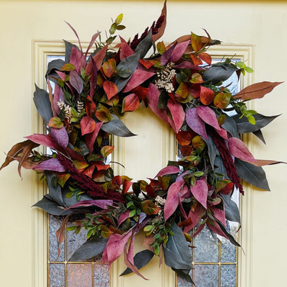 Rustic Fall Wreath with Burgundy & Blush Leaves | Farmhouse Thanksgiving Front Door Decor