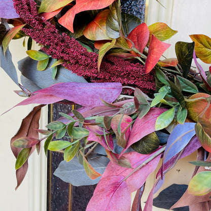 Rustic Fall Wreath with Burgundy & Blush Leaves | Farmhouse Thanksgiving Front Door Decor